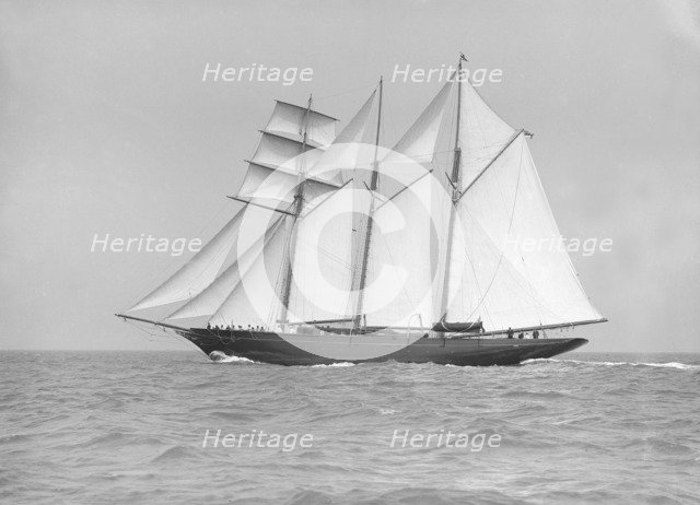 The auxiliary schooner 'La Cigale' sailing close-hauled, 1913. Creator: Kirk & Sons of Cowes.