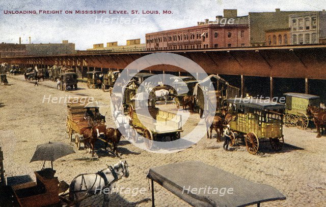 Unloading freight on the Mississippi levee, St Louis, Missouri, USA, 1911. Artist: Unknown