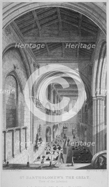 People in pews inside the Church of St Bartholomew-the-Great, Smithfield, City of London, 1837. Artist: John Le Keux