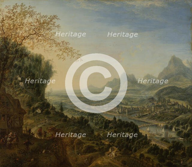 River Landscape with Rhine Motifs and Troops Passing, c1700. Creator: Jan Griffier I.