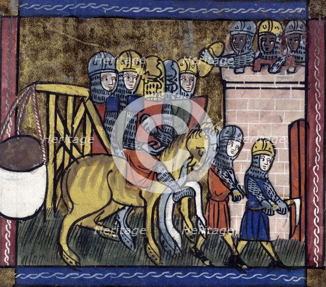 Soldiers with a trebuchet, mid-14th century. Creator: Unknown.