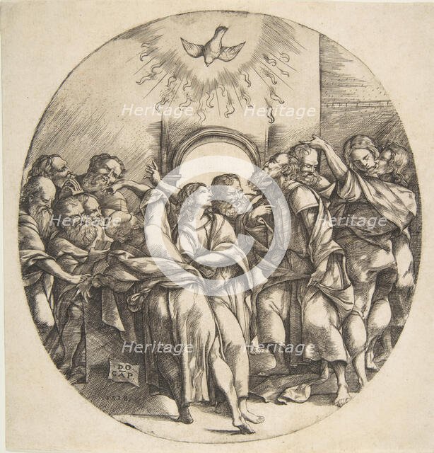 The Holy Spirit as a bird descending with spread wings at top center; the twelve Apostles ..., 1518. Creator: Domenico Campagnola.