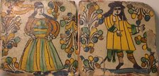 Polychrome Tiles Depicting Male and Female Figures in Contemporary Dress Surrounded..., 1700/1750. Creator: Unknown.