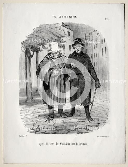 What you will, plate 7: Having taken the part of dandies under the Directory, 1847. Creator: Honoré Daumier (French, 1808-1879).