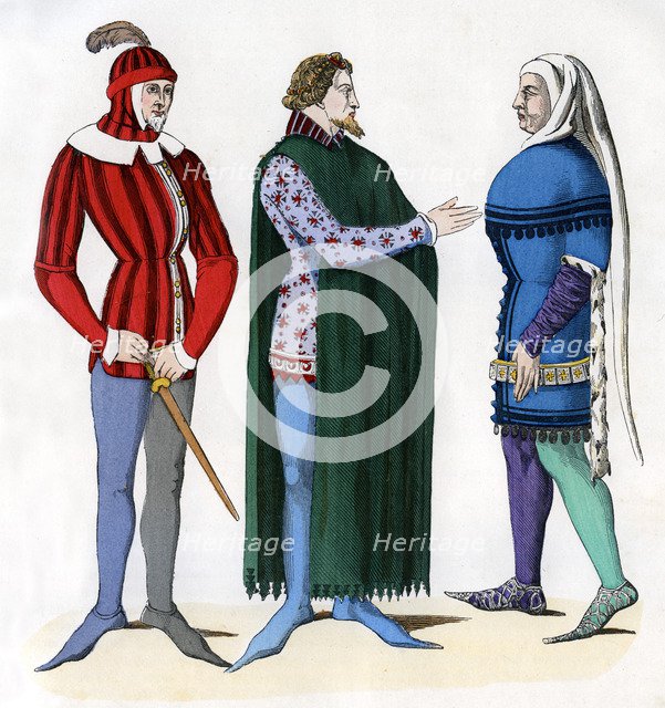 Valet and lords in 14th century costume, 1882-1884. Artist: Unknown