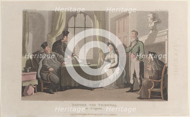 Frontispiece: Before the Tribunal at Avignon, from "Journal of Sentimental Travels in the ..., 1821. Creator: Thomas Rowlandson.