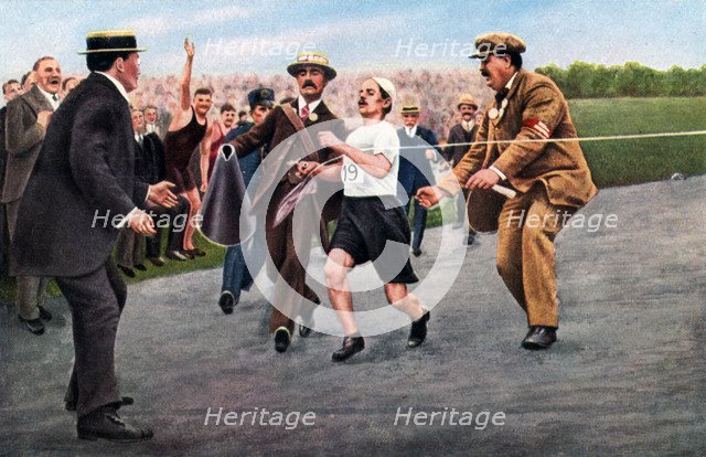 Dorando Pietri finishing the first modern Olympic marathon, London, 1908. Artist: Unknown