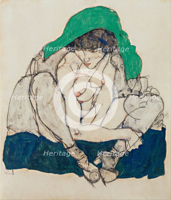 Crouching Woman with Green Headscarf, 1914. Artist: Schiele, Egon (1890–1918)