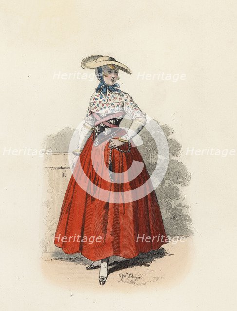 Dutch gardener woman, color engraving 1870.