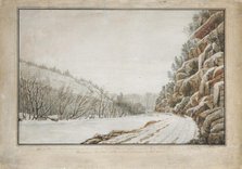 View on the New Turnpike Road, on the Margin of the Juniata, with a Distant View..., 1820. Creator: Benjamin Henry Latrobe.