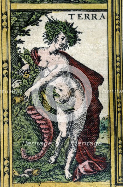  'Earth', coloured engraving from the book 'Le Theatre du monde' or 'Nouvel Atlas', 1645, created…