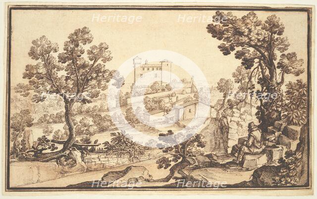Landscape with a Man Resting, Farm Houses, and a Castle. Creator: Remigio Cantagallina.