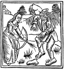 Witch shooting a man in the foot with an enchanted arrow made from a hazel wand, 1489. Artist: Unknown