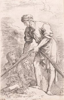 A man pulling a net with two figures behind him, from the series 'Figurine', ca. ..., ca. 1656-1657. Creator: Salvator Rosa.