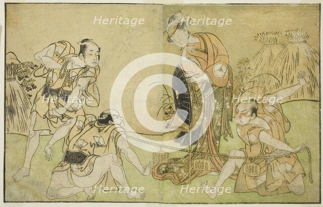 The Actors Bando Zenji I as Nagahashi Saburo, Iwai Hanshiro IV as Otatsu-gitsune, Nakam..., c. 1772. Creator: Shunsho.