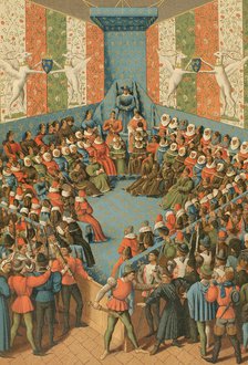 Charles VII presiding over the judgment of John II of Alençon at the Château de Vendome 1458 (1877). Creator: Unknown.