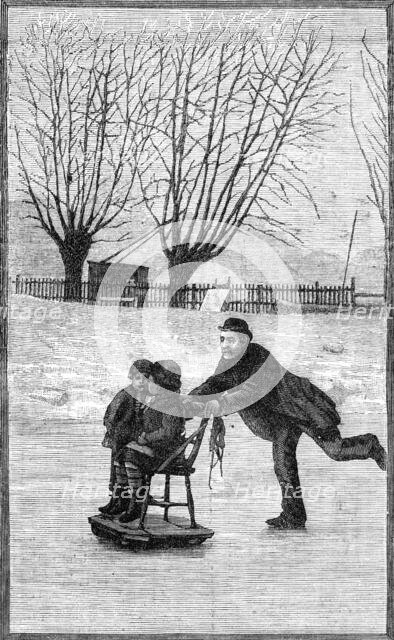 Scenes on the frozen Thames: an extemporised sledge, 1881. Creator: Unknown.