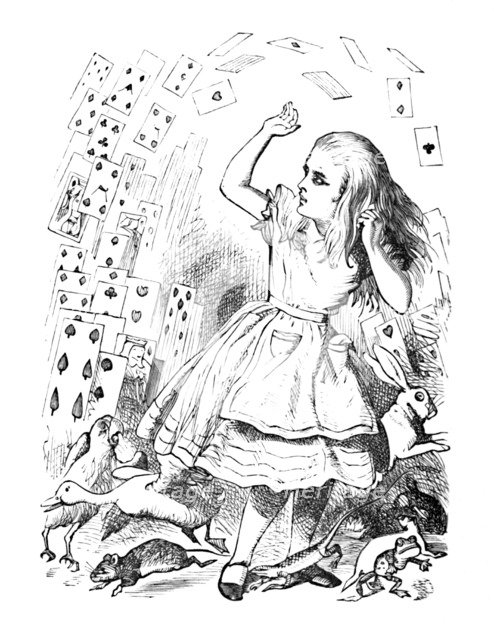 'A pack of cards flying up over Alice', 1889. Artist: John Tenniel.