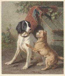 Two dogs by a kennel, 1838-1895. Creator: Conradyn Cunaeus.