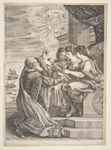 Galileo and personifications of Astronomy, Perspective and Mathematics, frontispiece for '..., 1656. Creator: Stefano della Bella.