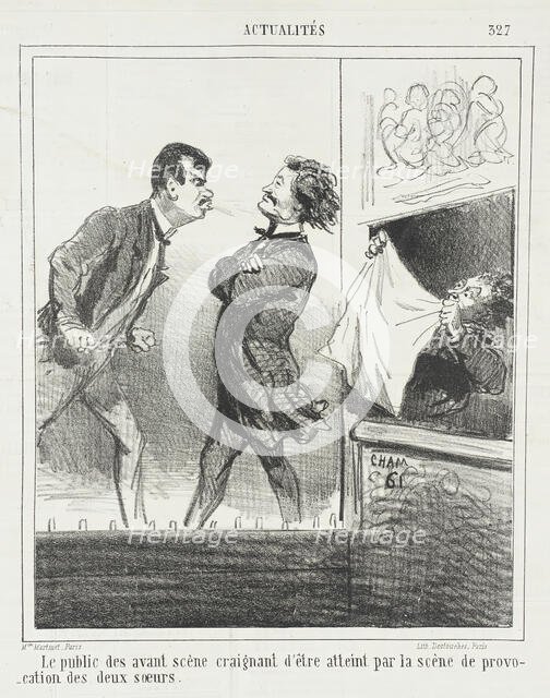 Le public des avant scènes craignant d'être atteint par la scène de provocation des deux soeurs,1865 Creator: Cham.