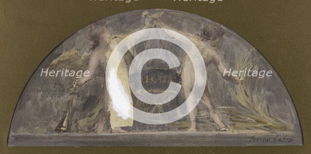 Sketch for the Hotel de Ville dining room, one child holding a trumpet the other a wreath..., 1893. Creator: Francois Lafon.