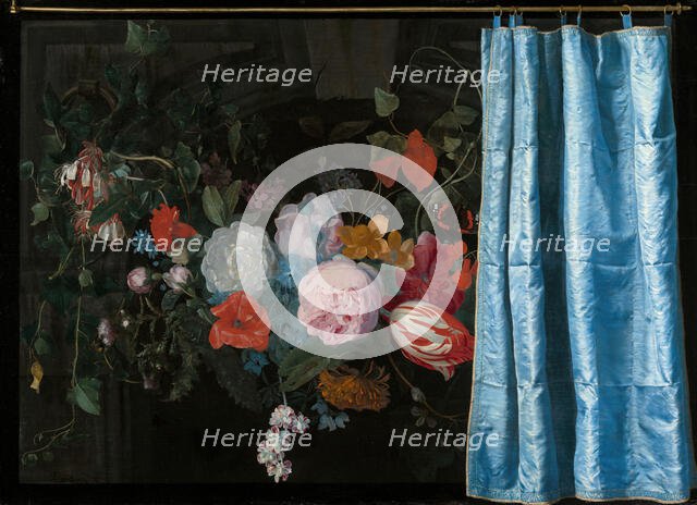 Trompe-l'Oeil Still Life with a Flower Garland and a Curtain, 1658. Creators: Adriaen van der Spelt, Frans van Mieris.