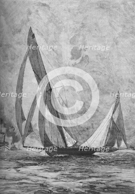 The 'Shamrock' and the 'Columbia' racing for the America's Cup, 1899 (1906). Artist: Unknown.