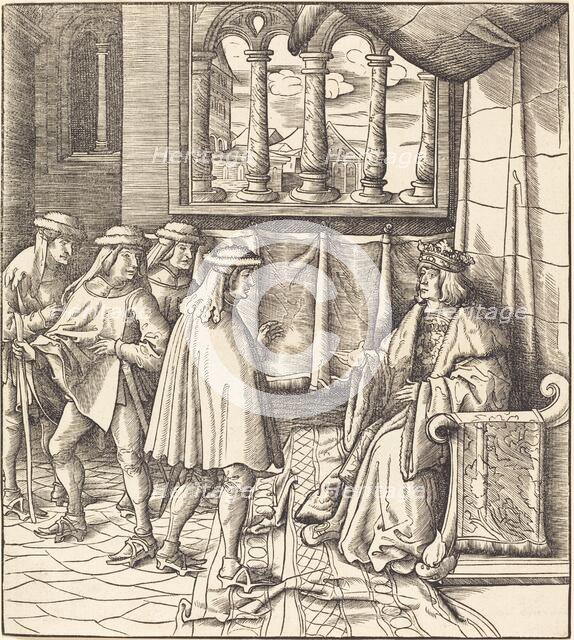 A King on a Throne, before him Four Men, 1514/1516. Creator: Leonhard Beck.