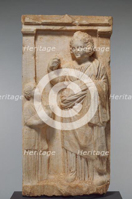 Grave Naiskos of Demainete with an Attendant Holding a Partridge, about 310 BC. Creator: Unknown.