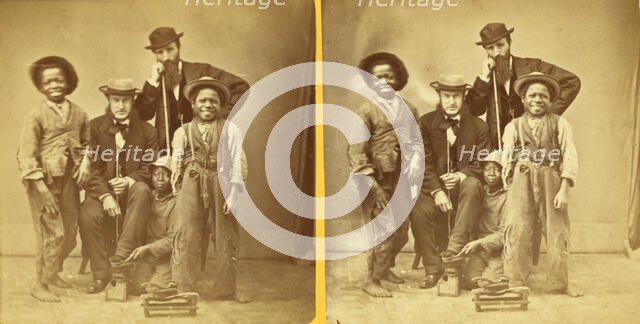 Shoe Blacks. [Studio portrait of three young shoe shiners and their customers], (1868-1900?). Creator: Unknown.