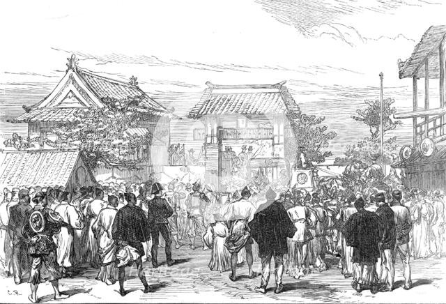 Opening of the first railway in Japan: procession at the Saiwai Bashi Gate, Jeddo, 1872. Creator: C. R..