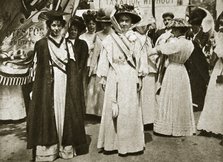Emmeline Pethick-Lawrence and Emmeline Pankhurst, British suffragettes, 1908.  Artist: Central News