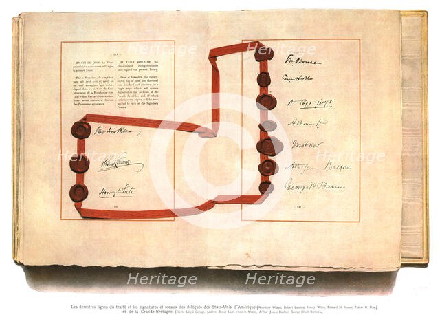 'La signature du traite de paix a Versailles; les dernieres lignes du traite et les..., 1919. Creator: Unknown.