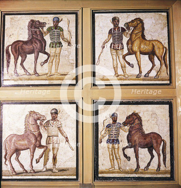 Roman Mosaic, Charioteers wearing Racing Colours of their sponsors, 1st-3rd century.  Artist: Unknown.