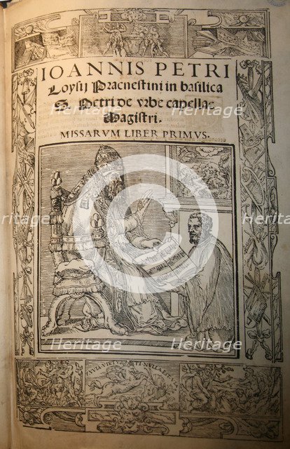 Frontispiece of the Missarum Liber primus by Giovanni Pierluigi da Palestrina (Palestrina and Pope J Artist: Anonymous  