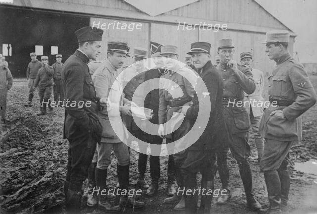 1. K. Rockwell, 2. Capt. Thenault, 3. Norman Prince, 4. Lieut. DeLaage, 5. Sgt. E, Cowdin..., 1916. Creator: Bain News Service.