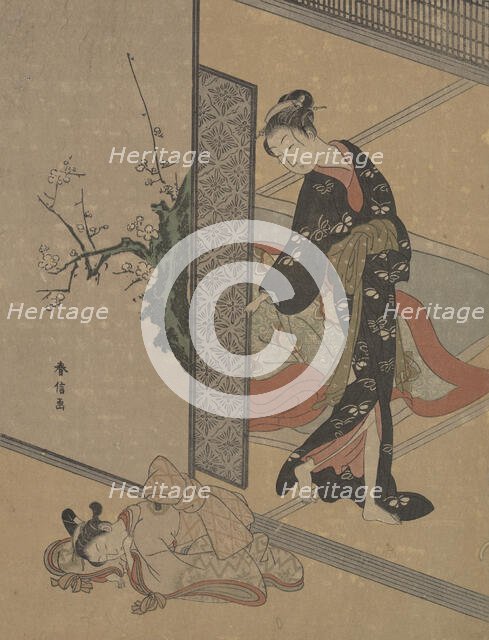 Young Lady Looking through Door at Her Kamuro (Little Servant) who is Asleep on the Floor. Creator: Suzuki Harunobu.