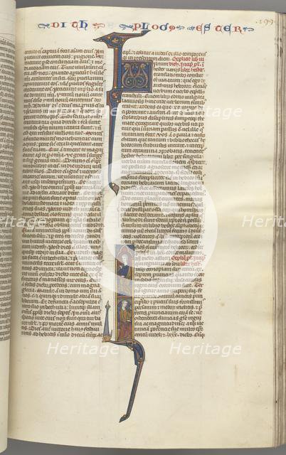 Fol. 199r, Esther, historiated initial, two seated male figures, c. 1275-1300. Creator: Unknown.