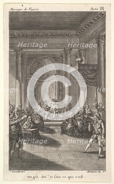 A man seated in a chair on a stepped platform holds an audience, two pointing men stan..., ca. 1784. Creator: Claude Nicolas Malapeau.