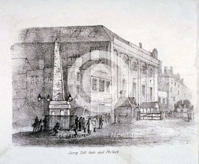 Toll gate and obelisk at St George's Circus, Southwark, London, c1830. Artist: Anon
