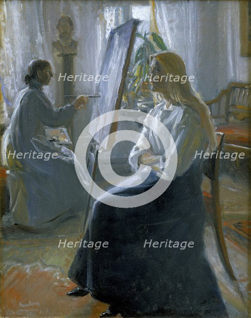 'In the Studio, Anna Ancher, the Artist's Wife Painting', late 19th-early 20th century.  Artist: Michael Peter Ancher
