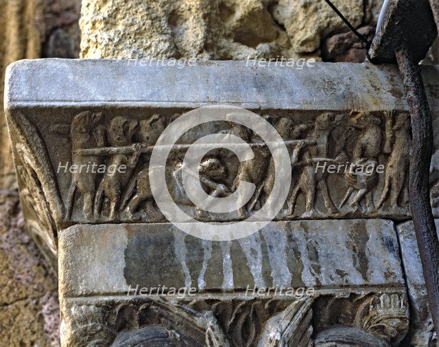 Burial of the cat by the rats'. Impost of one of the arches of the cloister of the Cathedral of T…