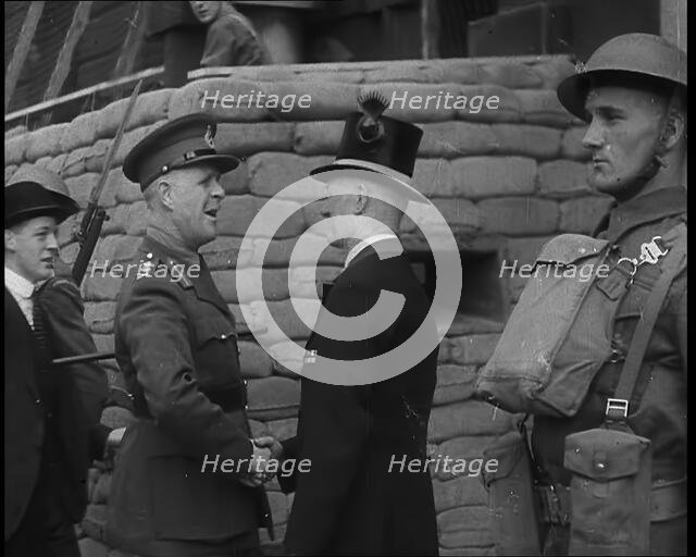 General John Vereker, 6th Viscount Gort, Greeting an Official Outside a Sandbagged Building, 1940. Creator: British Pathe Ltd.