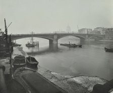 Barges at Bankside, looking upstream towards Southwark Bridge, London, 1913.  Artist: Unknown.
