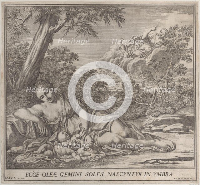 Latona and her sleeping twins, Apollo and Diana, within a landscape, 1705. Creator: Francesco Antonio Meloni.