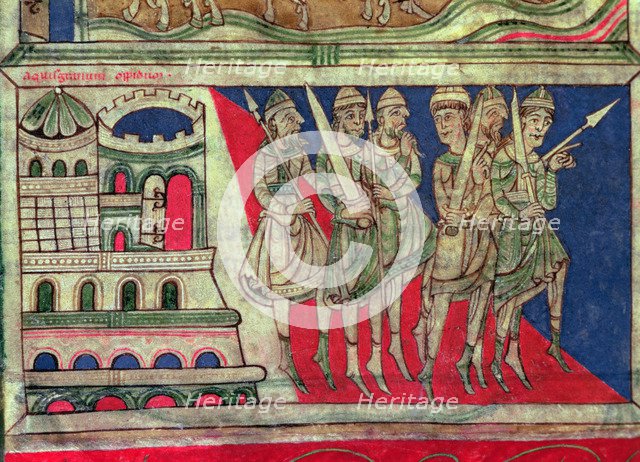 Charlemagne departs from Aachen to Santiago de Compostela, Miniature in the 'Codex Calixtus' Fol.…