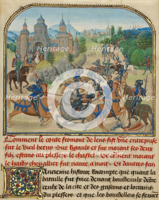 Fromont de Lens Leaving Bordeaux and the Battle against..., written 1463-1465; illuminated 1467-1472 Creators: Loyset Liedet, Pol Fruit.