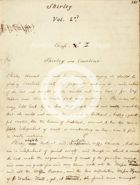 The first page of Volume 2 of the manuscript of "Shirley", c1849.  Creator: Charlotte Bronte.