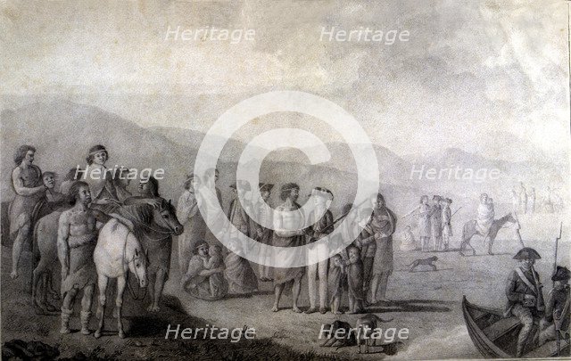 Malaspina Expedition, meeting with the Patagonians in Puerto Deseado, pencil drawing.